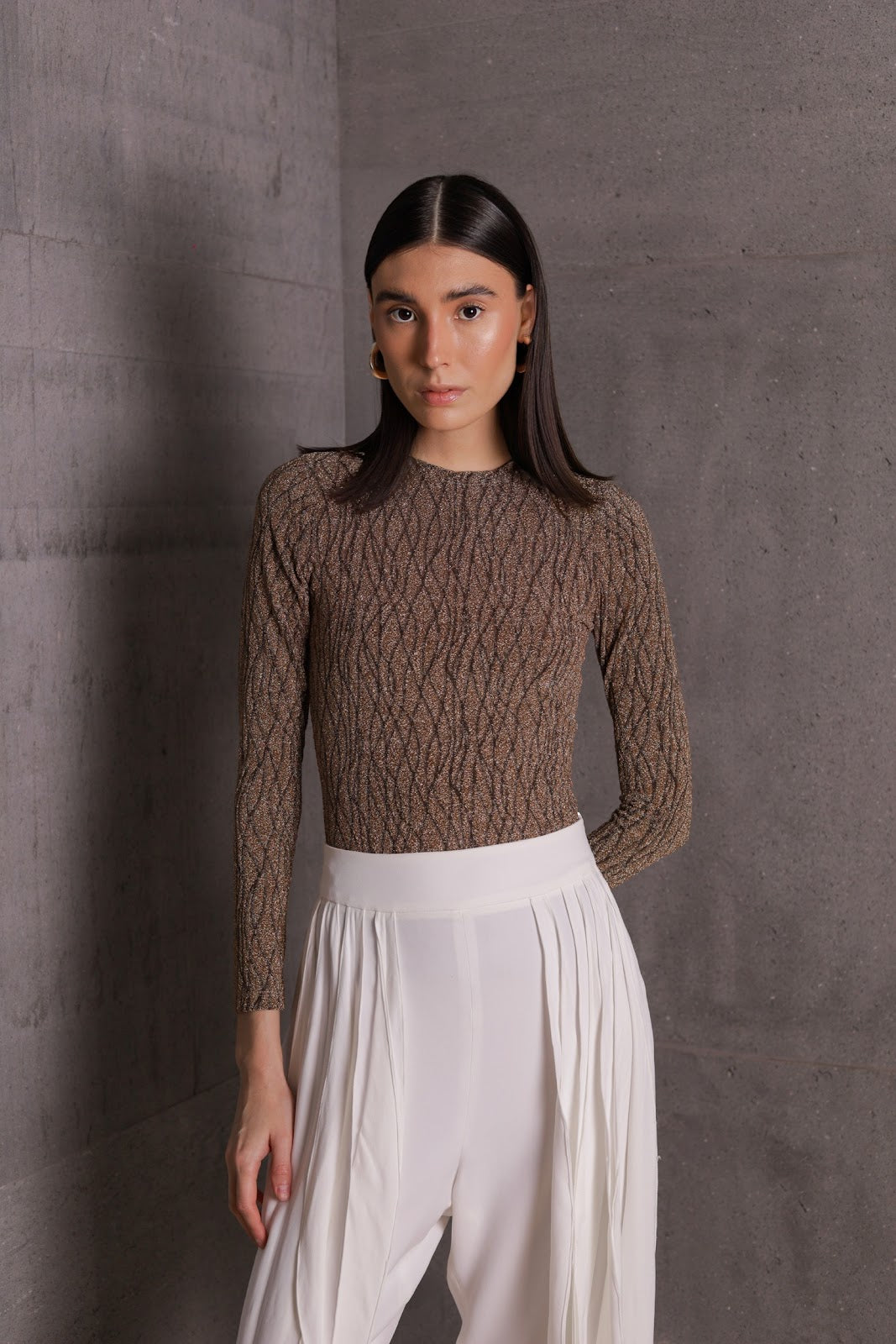 Blusa Bonfin - Malha Lurex Folhas Dourado